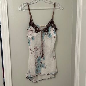 Floral Spaghetti Strap Blouse - White and Brown